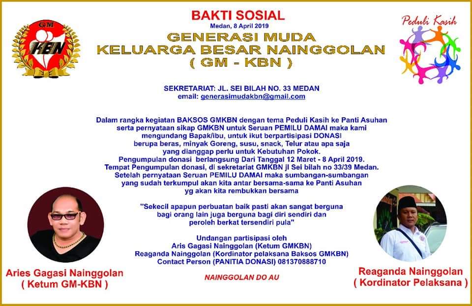 Sambut Pemilu Damai, Generasi Muda Keluarga Besar Nainggolan (GM-KBN) Akan Gelar Bakti Sosial Berbagi Kasih