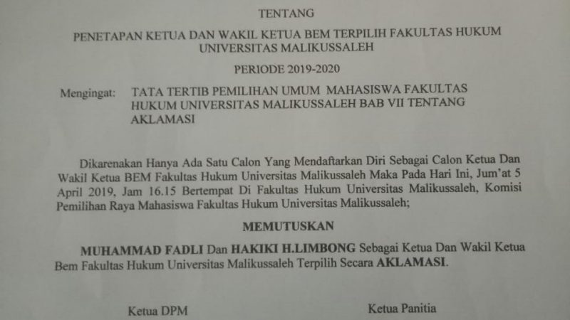 Fadli-Hakiki terpilih aklamasi, Ketua DPM FH Unimal : Itu Karena Cuma 1 Kandidat