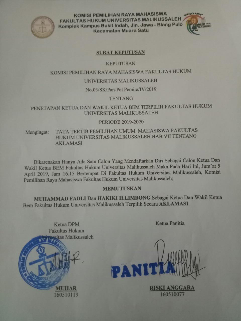 Fadli-Hakiki terpilih aklamasi, Ketua DPM FH Unimal : Itu Karena Cuma 1 Kandidat