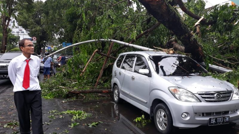 Angin Kencang Menyebabkan Pohon Tumbang dan Atap Bangunan Parkir Sepeda Motor Roboh di Medan