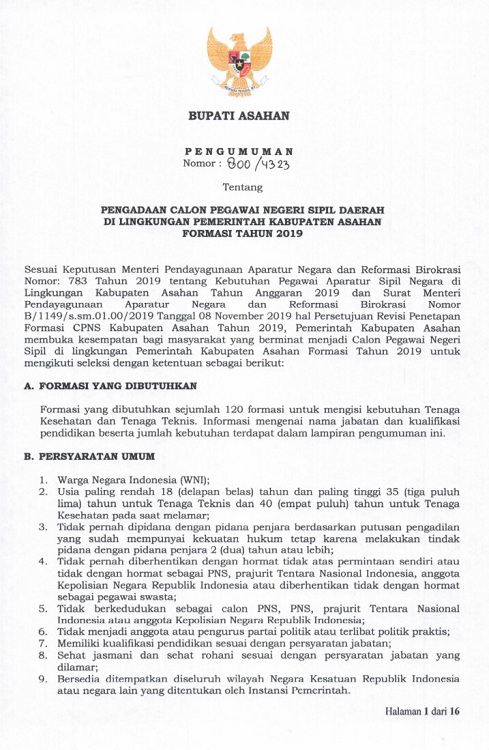 Pemkab Asahan Membuka Penerimaan CPNS Tahun 2019