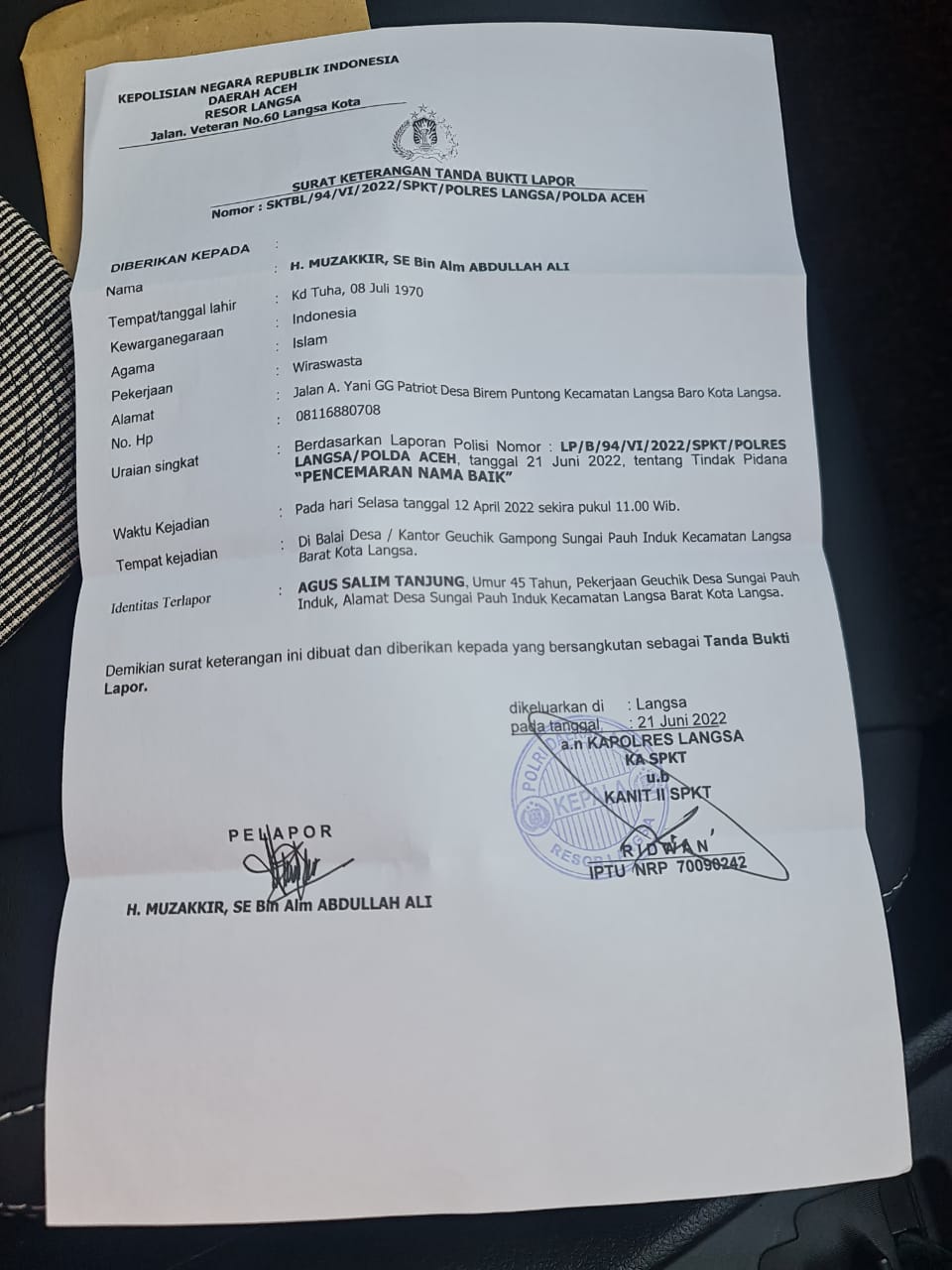 Polisi Diminta Segera Tetapkan Tersangka Kasus Pencemaran Nama Baik H. Muzakkir