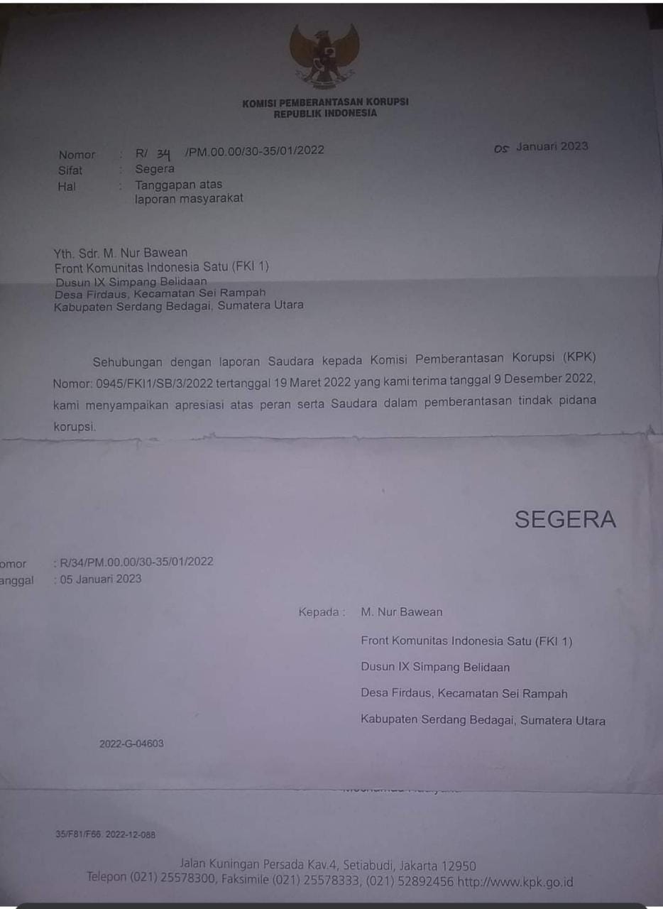 Laporkan Dugaan Penyelewengan Anggaran Beberapa SKPD di Sergai, Ketua FKI 1 Sergai : Iya Sudah Ada Balasan Surat KPK RI
