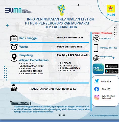 Diinfokan Sabtu ini, Pemadaman Listrik Dibeberapa Lokasi di Kecamatan Pangkatan