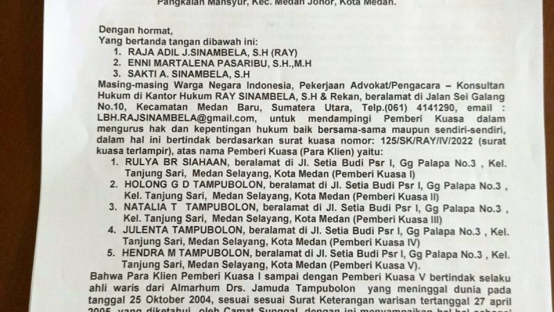 Kantor Hukum RAY Sinambela,SH.,MH & Partner Kirim Surat RDP ke DPRD Medan Terkait Tanah Candika