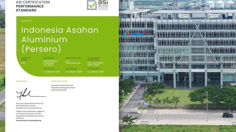 Inalum Raih Sertifikat Aluminium Stewardship Initiative (ASI)