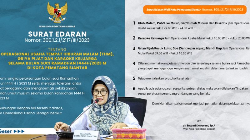 Pemko Pematang Siantar Terbitkan Surat Edaran Operasional THM dan Karaoke Selama Bulan Ramadhan