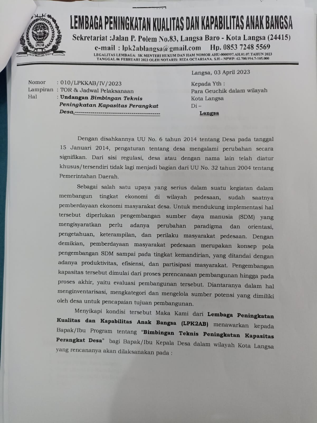Undangan Kegiatan Bimtek Kembali Beredar Dikalangan Geuchik Se-Kota Langsa