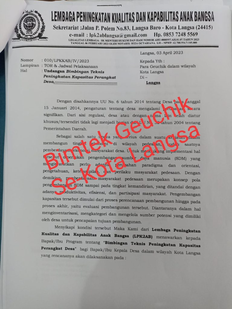 Meski Diberitakan, Bimtek Geuchik Se-Kota Langsa Tetap Akan Digelar di Batam