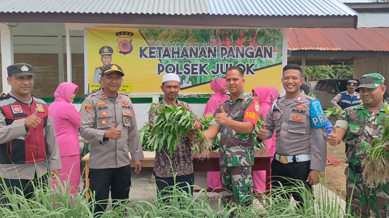 Hasil Panen Ketahanan Pangan Polsek Julok Dibagikan Kepada Warga