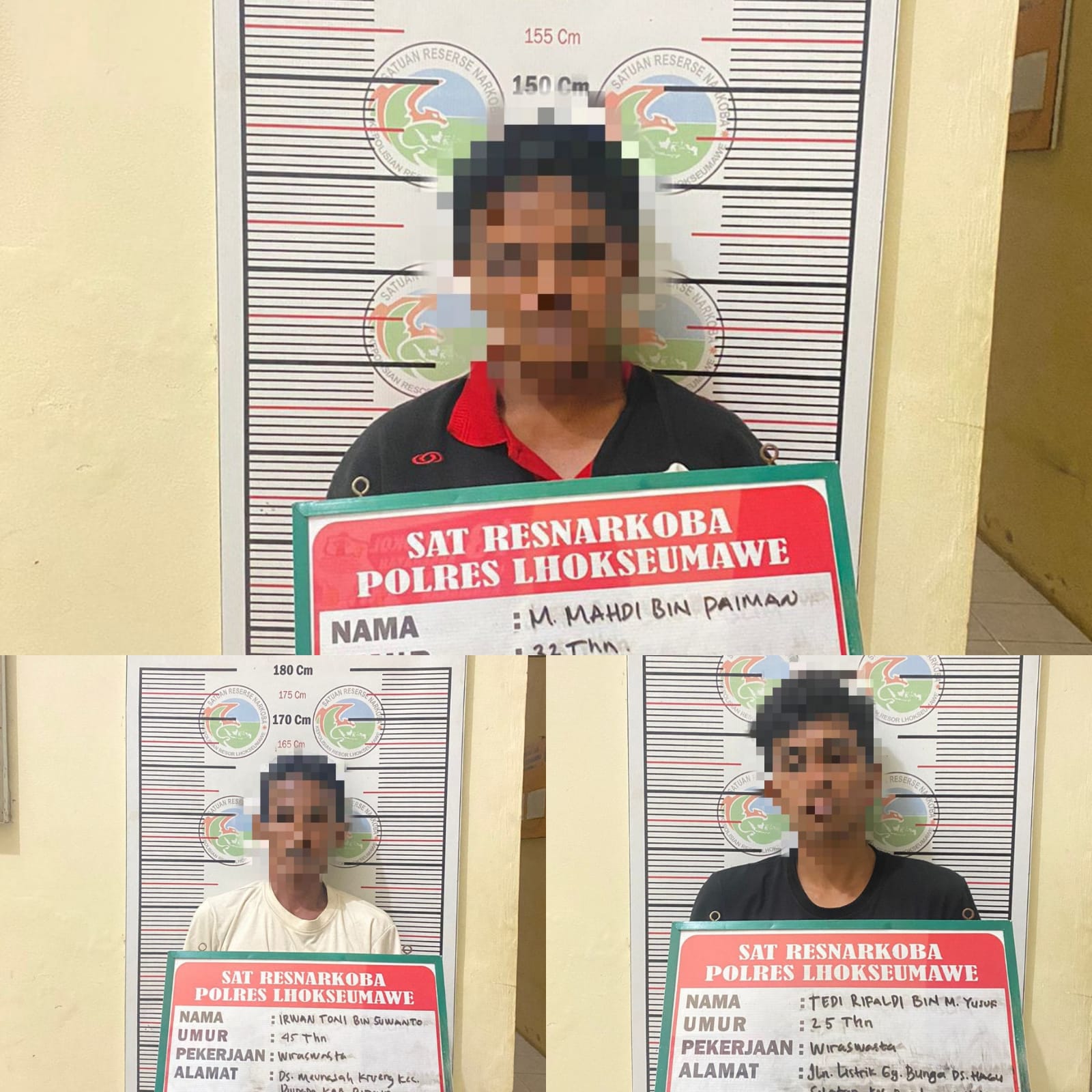 Tim Opsnal Sat Resnarkoba Polres Lhokseumawe Bekuk Tiga Tersangka Narkotika