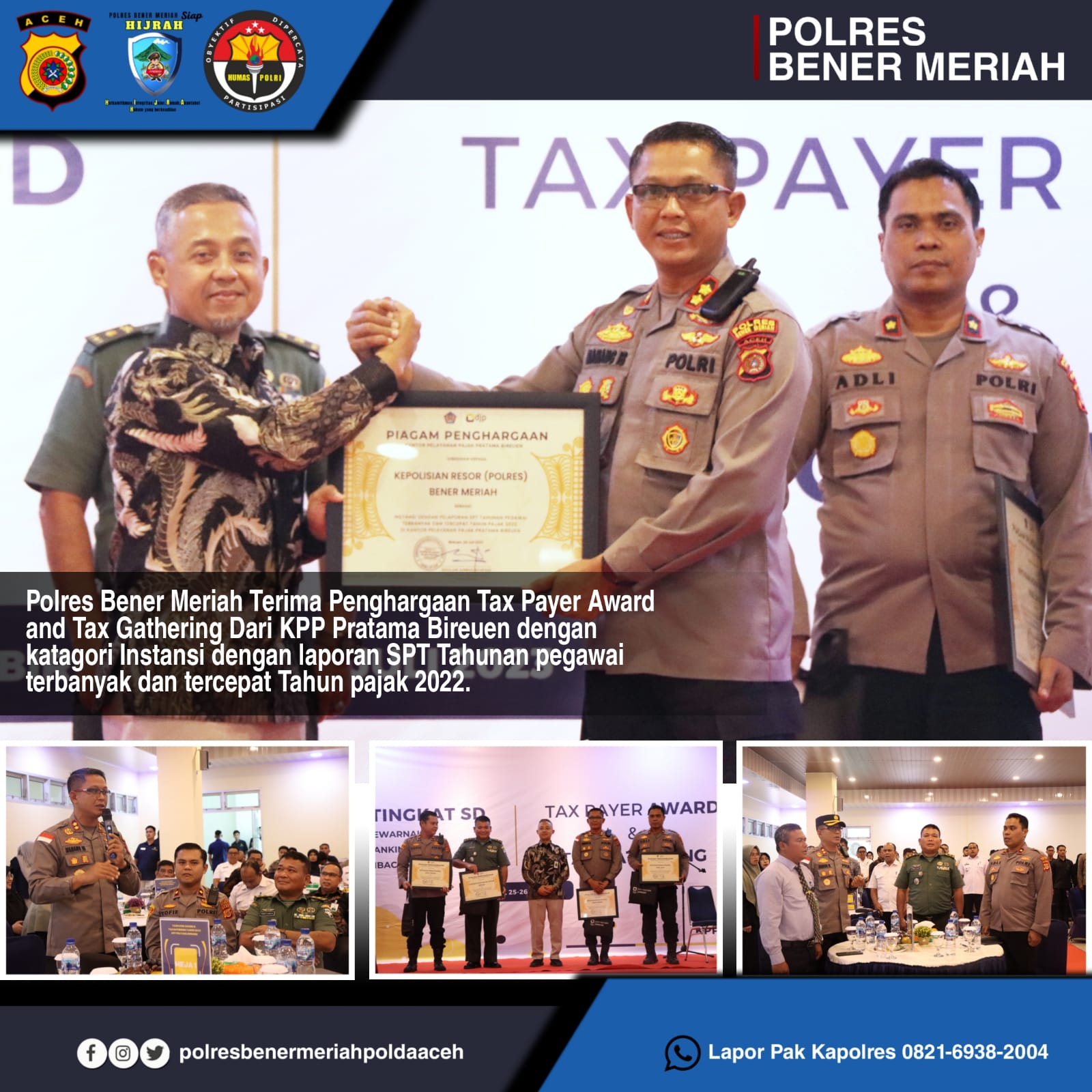 Polres Bener Meriah Terima Penghargaan Tax Payer Award and Tax Gathering Dari KPP Pratama Bireuen