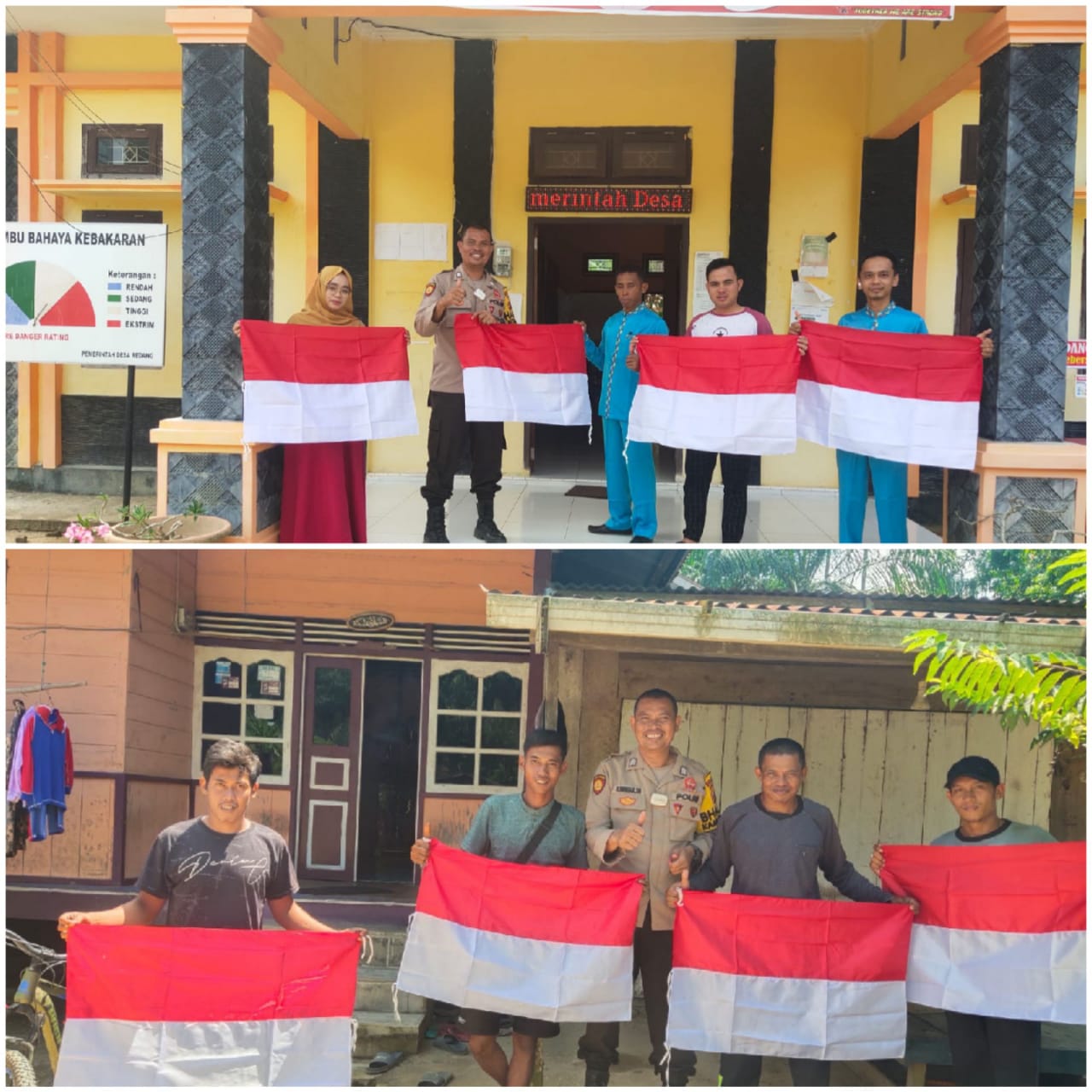 Gugah Semangat Nasionalisme, Bhabinkamtibmas Bripka Robin Siregar SH Bagikan Bendera Merah Putih Pada Warga