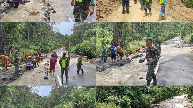 TNI Polri BPBD dan Masyarakat bersama relawan bersihkan Jalan paska Bencana Banjir dan Tanah Longsor