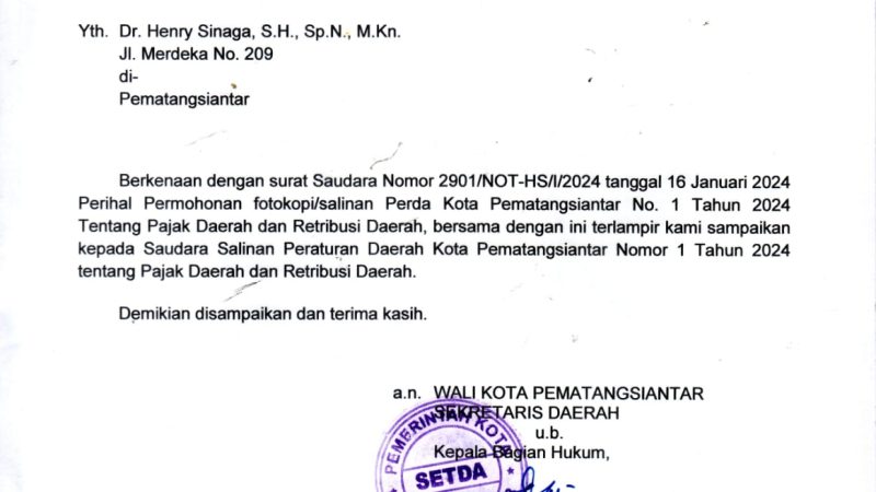 Pasca Disurati Sebanyak Dua Kali dan Diberitakan, Wali Kota Pematangsiantar Beri Salinan Perda Nomor 1 Tahun 2024