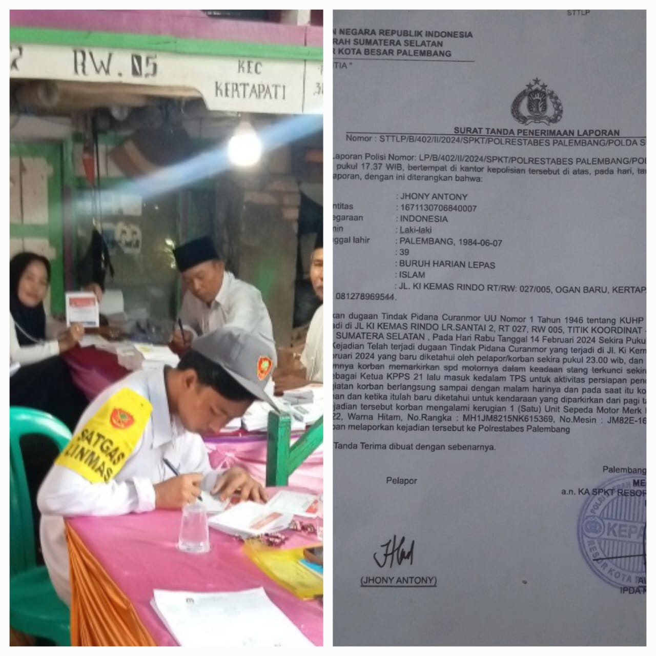 Saat Bertugas Di TPS 21 Ogan Baru, Motor Ketua KPPS Raib Digondol Maling