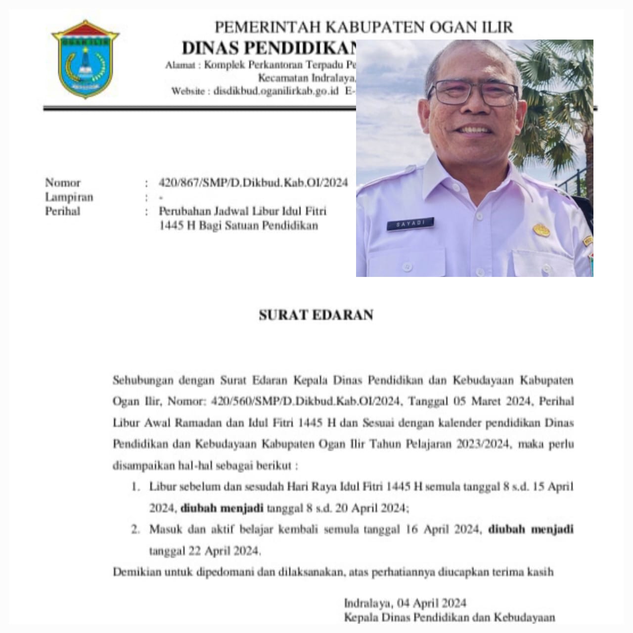 Disdikbud Kabupaten Ogan Ilir Kembali Keluarkan Surat Edaran, Perubahan Jadwal Libur Sekolah Menyambut Idul Fitri