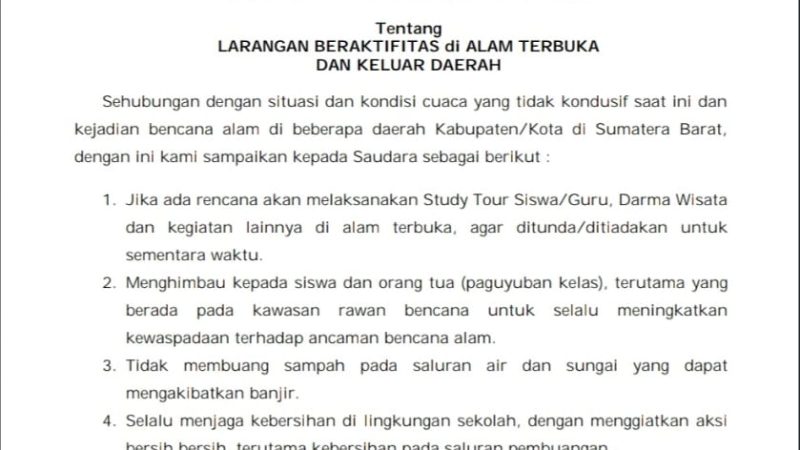 Walikota Bukittinggi Keluarkan Surat Edaran untuk Cegah Korban Jiwa Akibat Bencana Banjir Bandang di Sumatera Barat