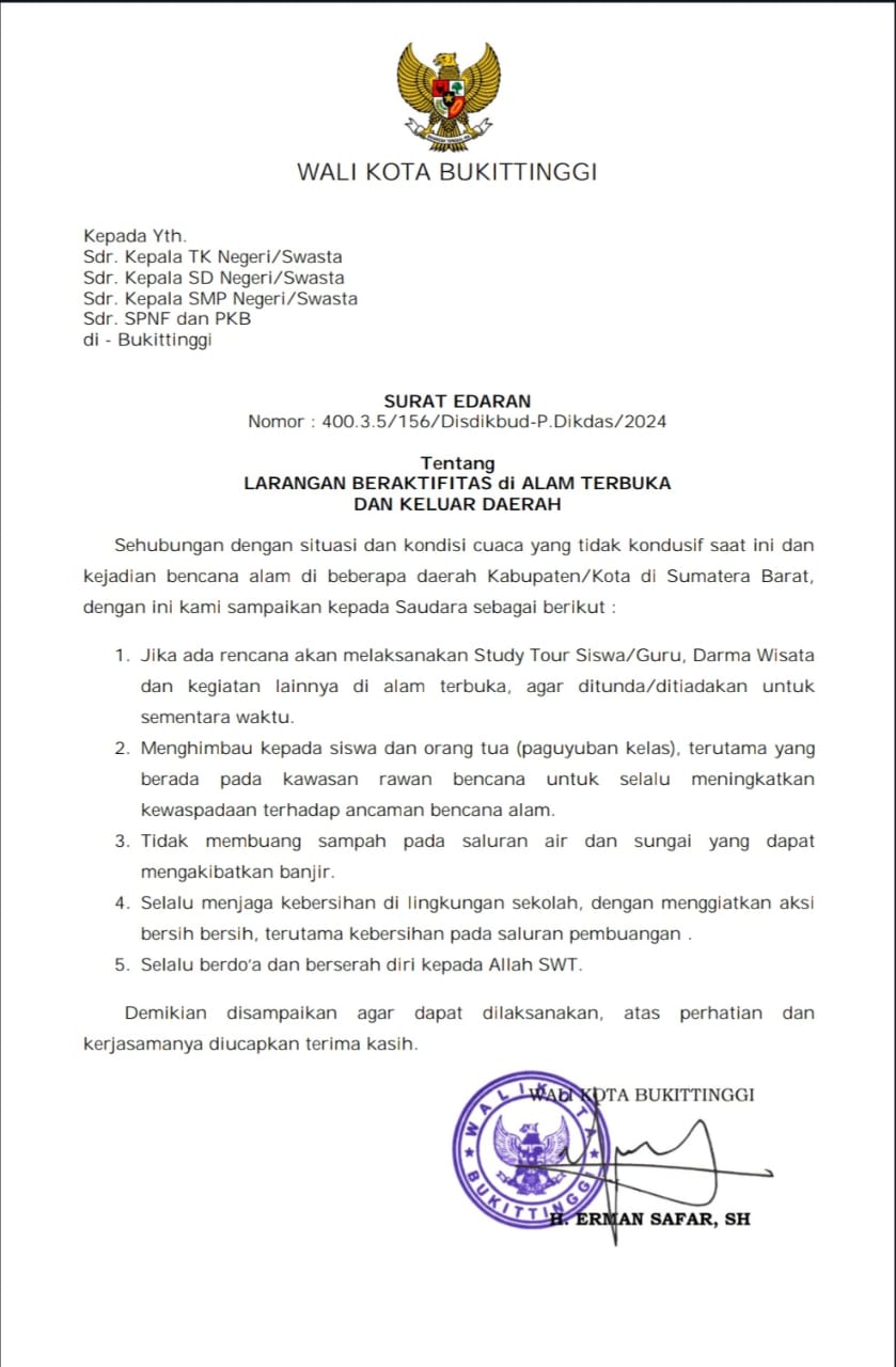 Walikota Bukittinggi Keluarkan Surat Edaran untuk Cegah Korban Jiwa Akibat Bencana Banjir Bandang di Sumatera Barat