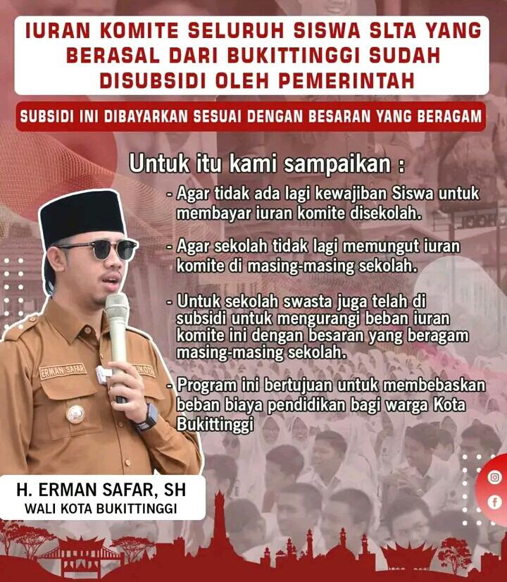 Informasi Penting, Pemko Bukitinggi Bebaskan Iuran Komite Siswa SLTA