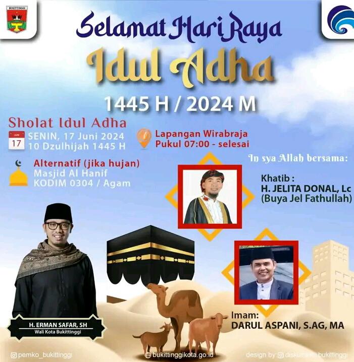 Ustadz Jel Fathullah Khatib Sholat Idul Adha 1445 H di Bukittinggi