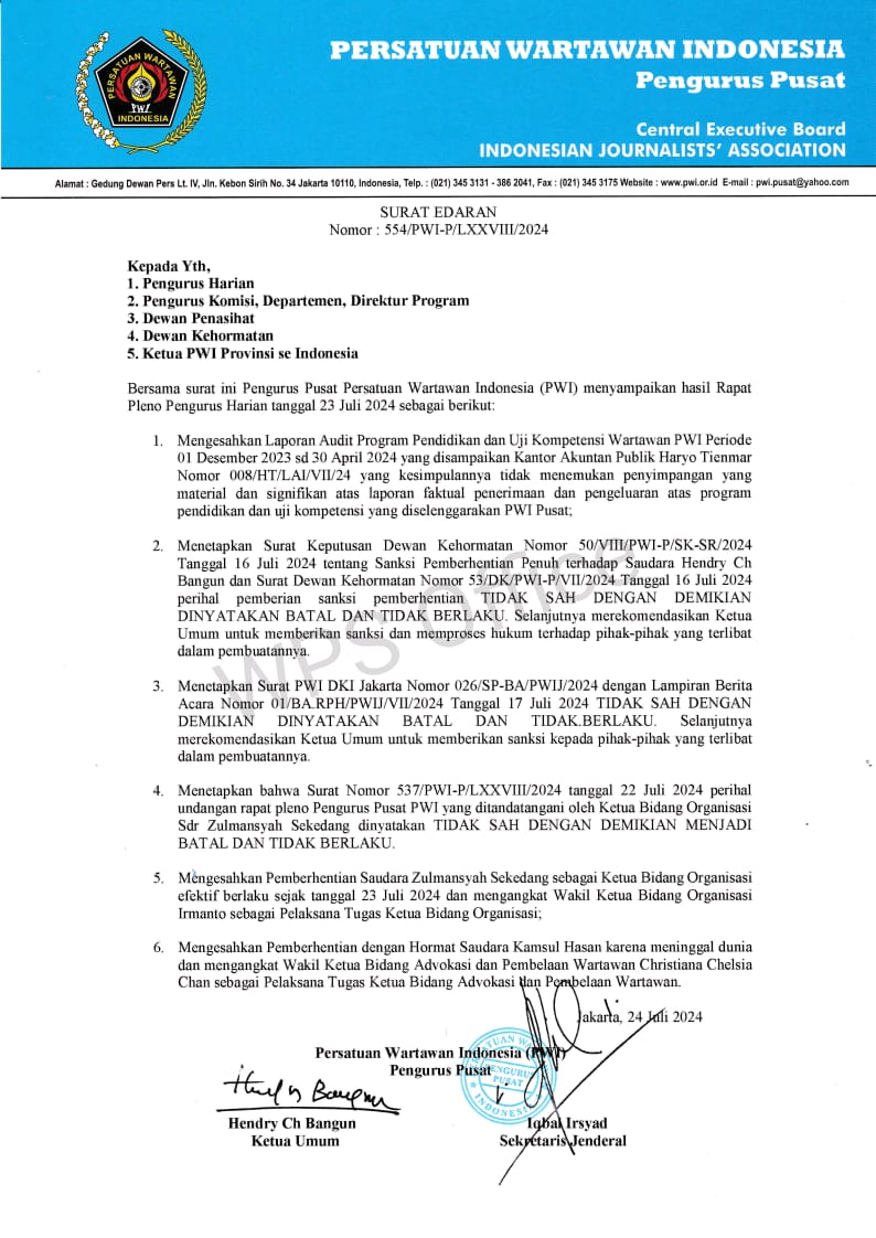 PWI Pusat Keluarkan Surat Edaran Hasil Keputusan Penting dalam Rapat Pleno Pengurus Harian