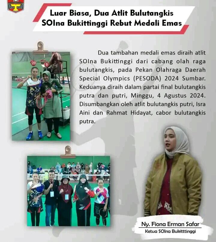 Luar Biasa, Dua Atlit Bulutangkis SOIna Bukittinggi Rebut Medali Emas