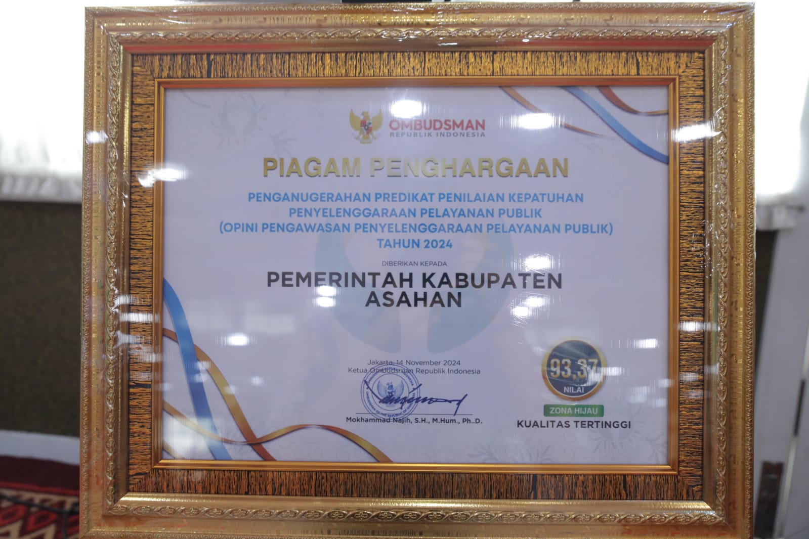 Pemerintah Kabupaten Asahan Raih Peringkat Tertinggi Keempat Dalam Kepatuhan Pelayanan Publik Dari Ombudsman RI