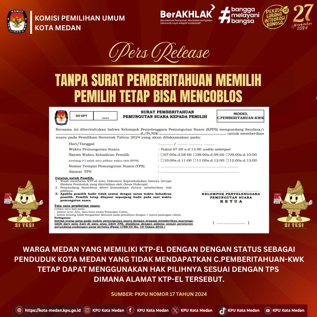 KPU Medan Himbau Warga Tidak Ada Undangan (Formulir C) Dapat Menggunakan KTP di TPS