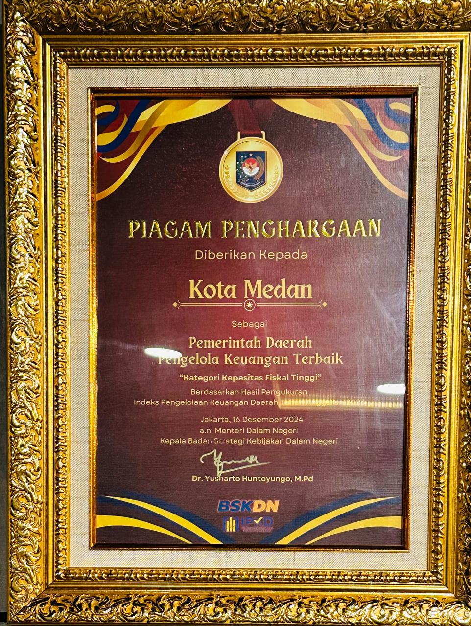 Pemerintah Kota Medan Meraih Penghargaan Terbaik Tingkat Nasional Dibidang Pengelolaan Keuangan Daerah