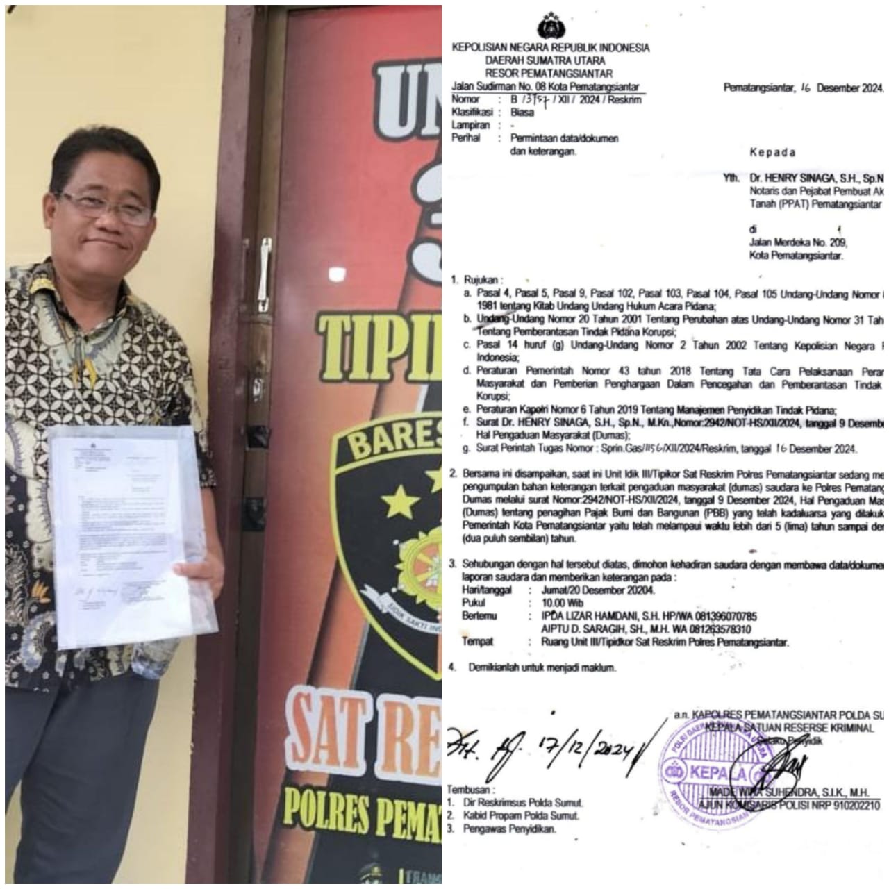 Tindak Lanjuti Laporan Sebelumnya, Unit III Tipidkor Satreskrim Polres Pematangsiantar Panggil Notaris Dr Henry Sinaga, MKn
