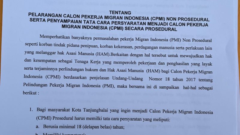 Pemko Tanjungbalai Edarkan Surat Tentang Pelarangan Calon PMI Non Prosedural
