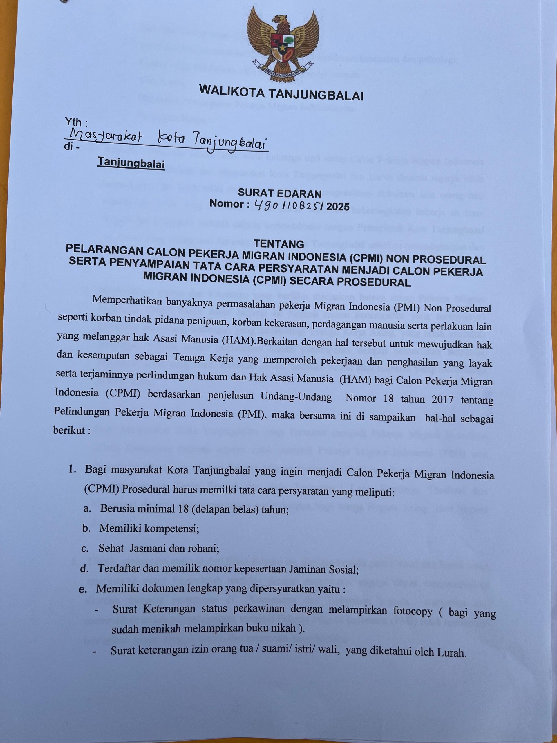 Pemko Tanjungbalai Edarkan Surat Tentang Pelarangan Calon PMI Non Prosedural
