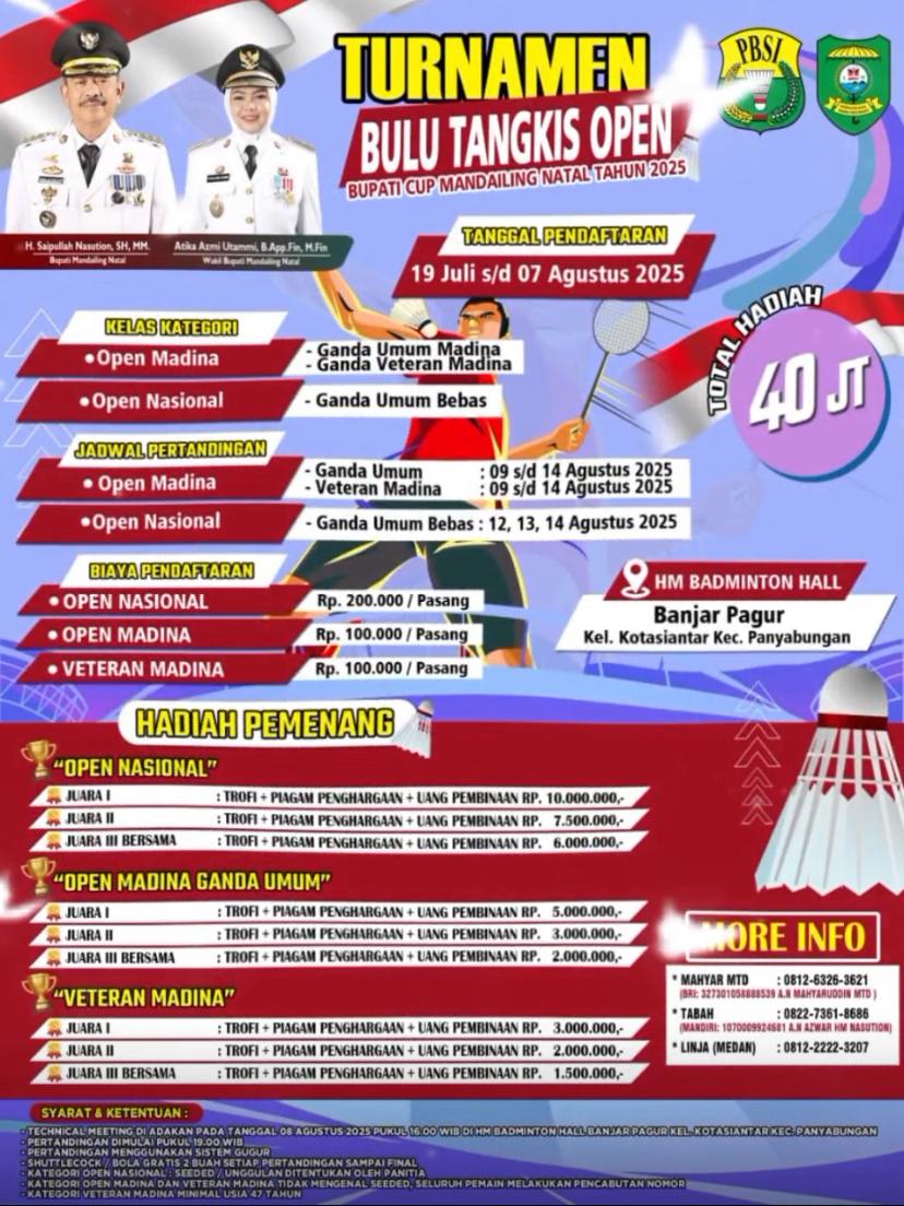 Meriahkan HUT RI ke 80, PT. SMM Bersama Pemkab Madina Gelar Turnamen Bulutangkis Open