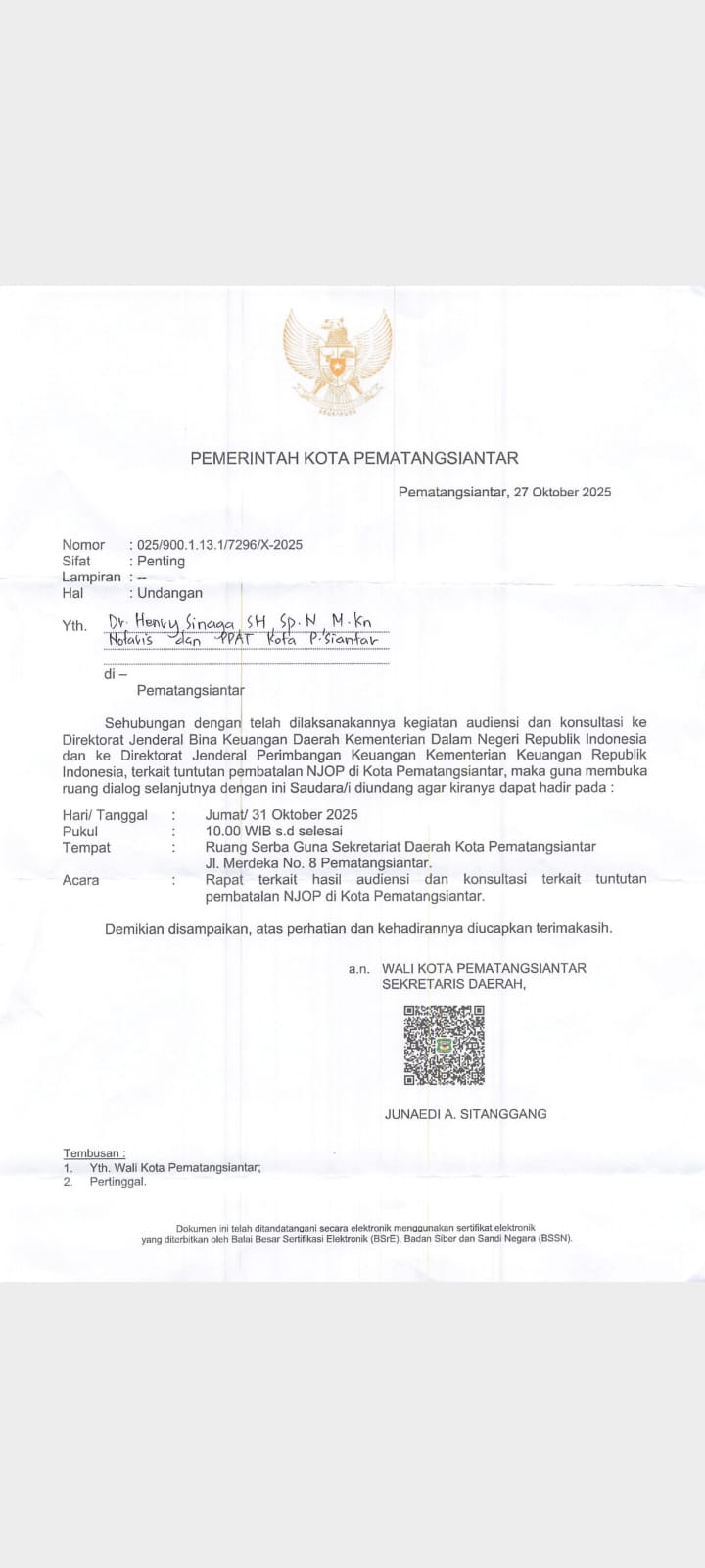 Pemko Pematangsiantar Undang Notaris Dr Henry Sinaga Bahas Terkait Tuntutan Pembatalan Kenaikan NJOP 1.000 Persen