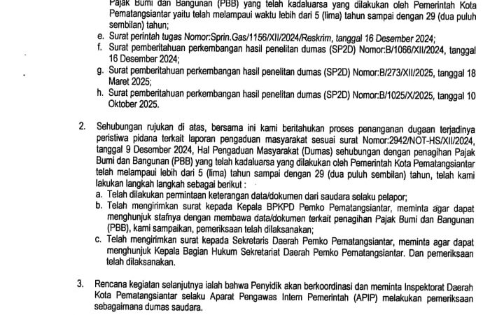 Notaris Dr. Henry Sinaga Terima Surat Perkembangan Dumas Penagihan PBB Kedaluwarsa di Kota Pematangsiantar