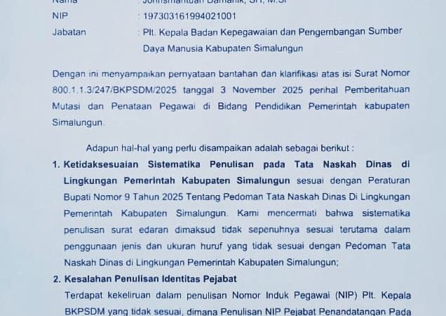 Plt. Kepala BKPSDM Keluarkan Bantahan Terkait Isu Surat Edaran Palsu di BKPSDM Kabupaten Simalungun
