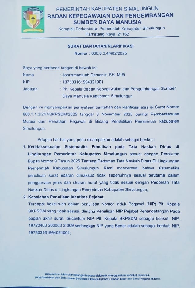 Plt. Kepala BKPSDM Keluarkan Bantahan Terkait Isu Surat Edaran Palsu di BKPSDM Kabupaten Simalungun