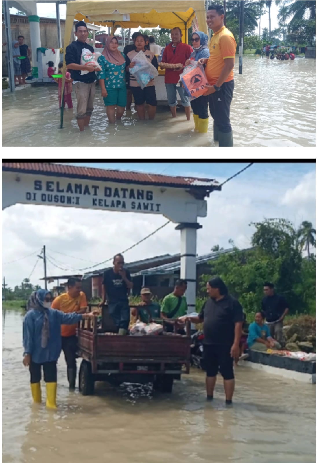 Camat Nurchinta Bersama Pemdes Pekan Tanjung Beringin Salurkan Bantuan Sembako ke Posko Banjir