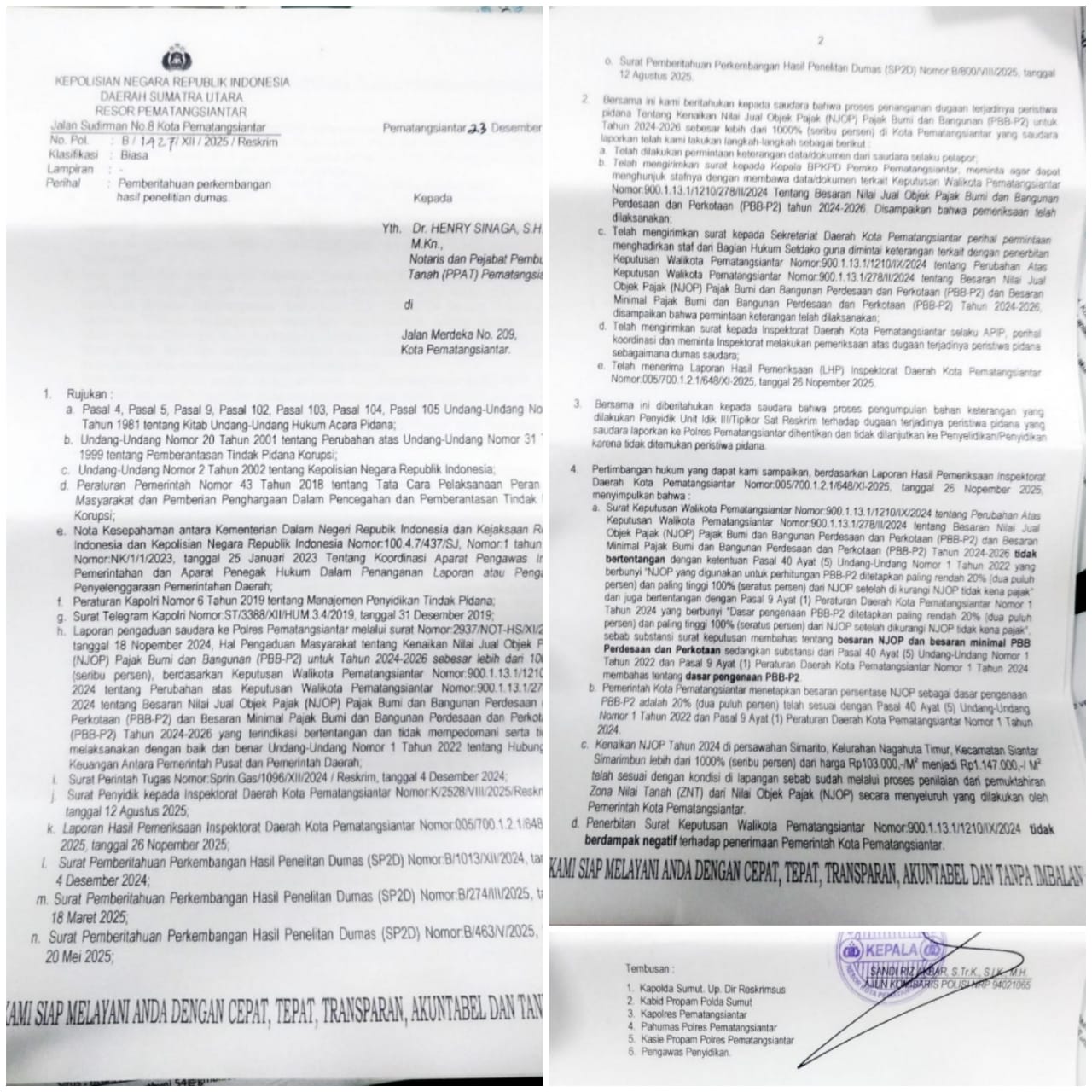 Pengaduan Masyarakat Terkait Kenaikan NJOP 1.000 Persen, Polres Pematangsiantar Hentikan Proses Penyelidikan