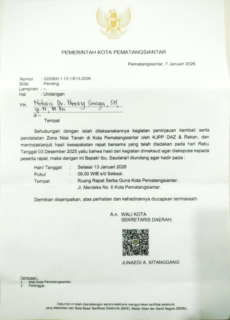 Pemko Siantar Kembali Undang Dr. Henry Sinaga Bahas Hasil Peninjauan Kembali Kenaikan NJOP 1.000 Persen