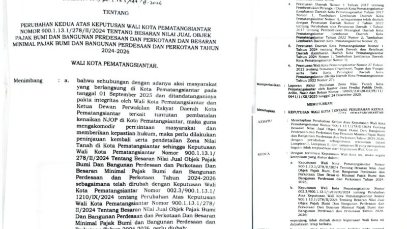 Wali Kota Pematangsiantar Kembali Terbitkan Keputusan Kedua Tentang Perubahan Kenaikan NJOP 1.000 Persen