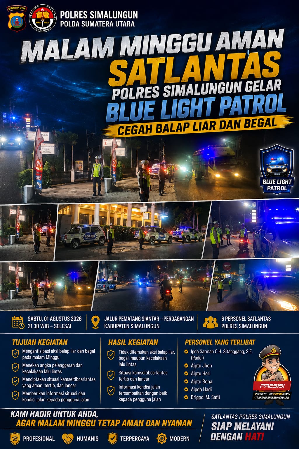 Malam Minggu Aman, Satlantas Polres Simalungun Gelar Blue Light Patrol Cegah Balap Liar dan Begal