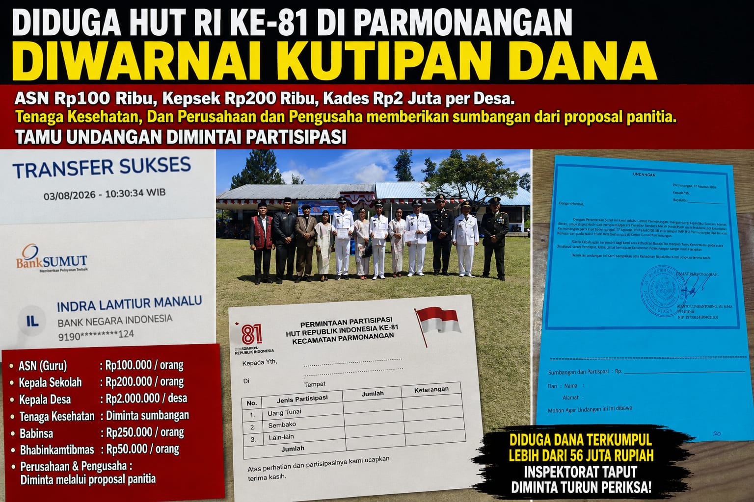Diduga HUT RI ke-81 di Parmonangan Diwarnai Kutipan Dana, ASN Rp100 Ribu, Kepsek Rp200 Ribu, Kades Rp2 Juta per Desa