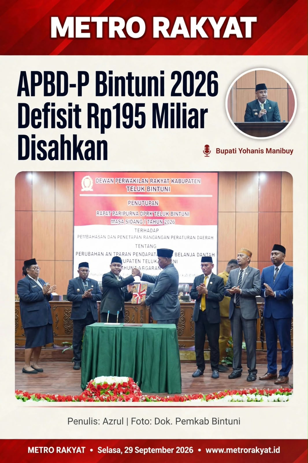 Tutup Paripurna APBD-P 2026, Bupati Yohanis Manibuy: Sinergi Pemda-DPRK Kunci Wujudkan Bintuni SERASI Rp2,8 Triliun Untuk Rakyat