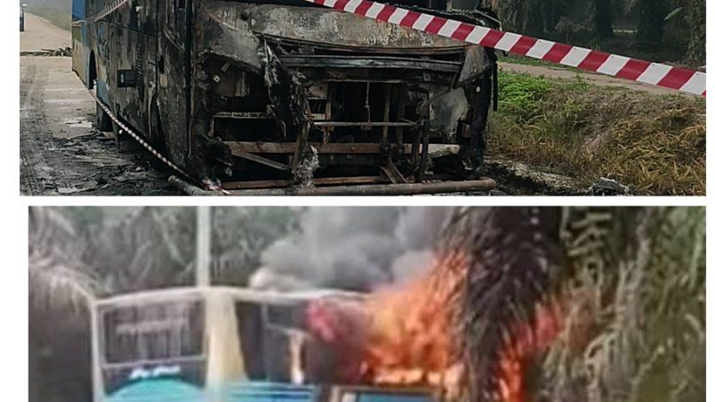 Bus Antar Jemput Anak Sekolah Karyawan PT.Inecda “Milik BUMDES Desa Petala Bumi Terbakar Beruntung Tidak Ada Korban Jiwa