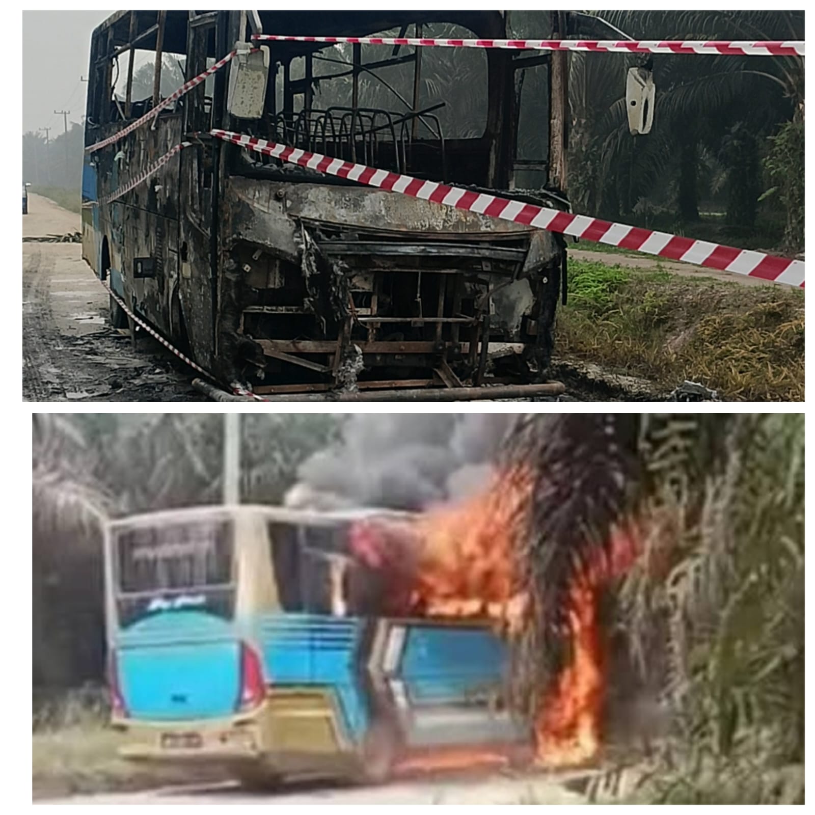 Bus Antar Jemput Anak Sekolah Karyawan PT.Inecda “Milik BUMDES Desa Petala Bumi Terbakar Beruntung Tidak Ada Korban Jiwa