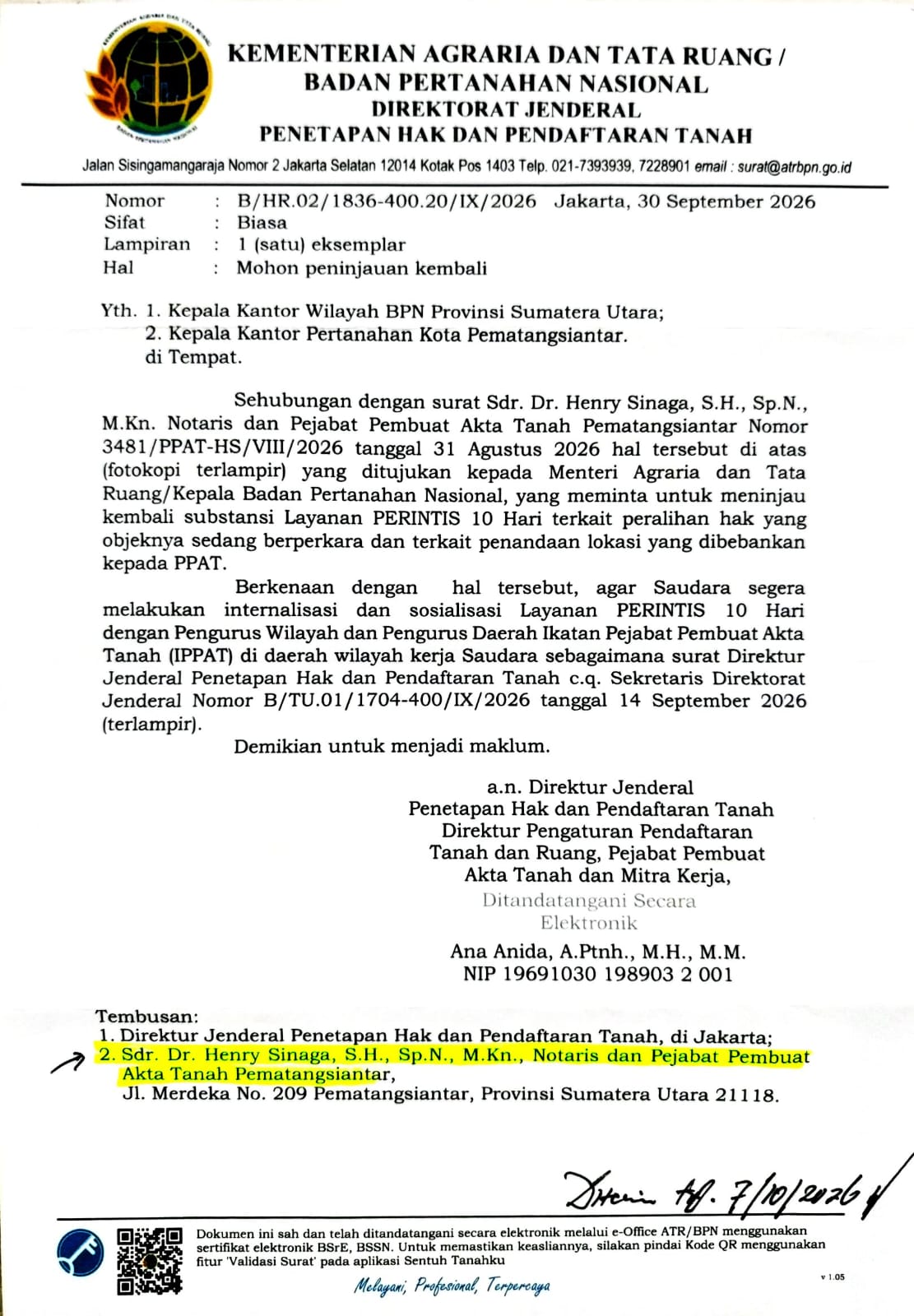 Kementerian Agraria dan Tata Ruang/BPN- RI, Respon Surat PPAT Dr. Henry Sinaga, S.H., Sp.N., M.Kn., Terkait Kepmen Perintis 10 Hari