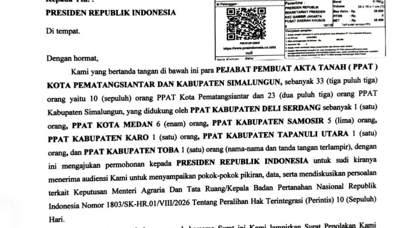 PPAT Pematangsiantar Simalungun Penolak Kepmen Perintis 10 Hari Ajukan Permohonan Audiensi ke Presiden, DPR RI dan Menteri ATR/Ka.BPN RI